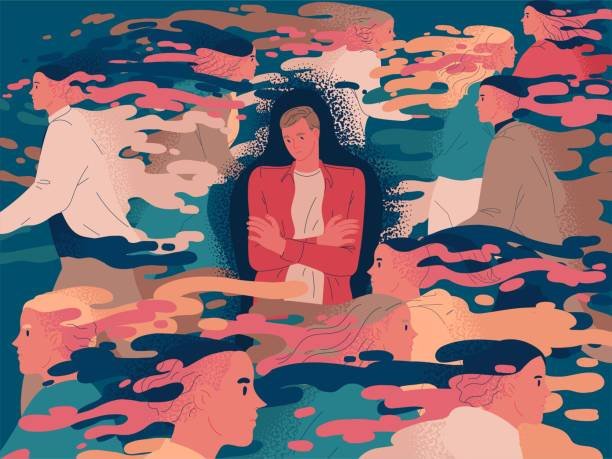 Stands a suffering man in a crowd of people walking by.