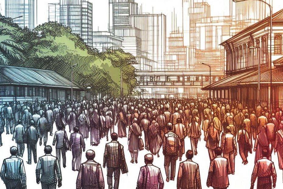 Group of people, herdlike, walking around, sketch, with colour 4