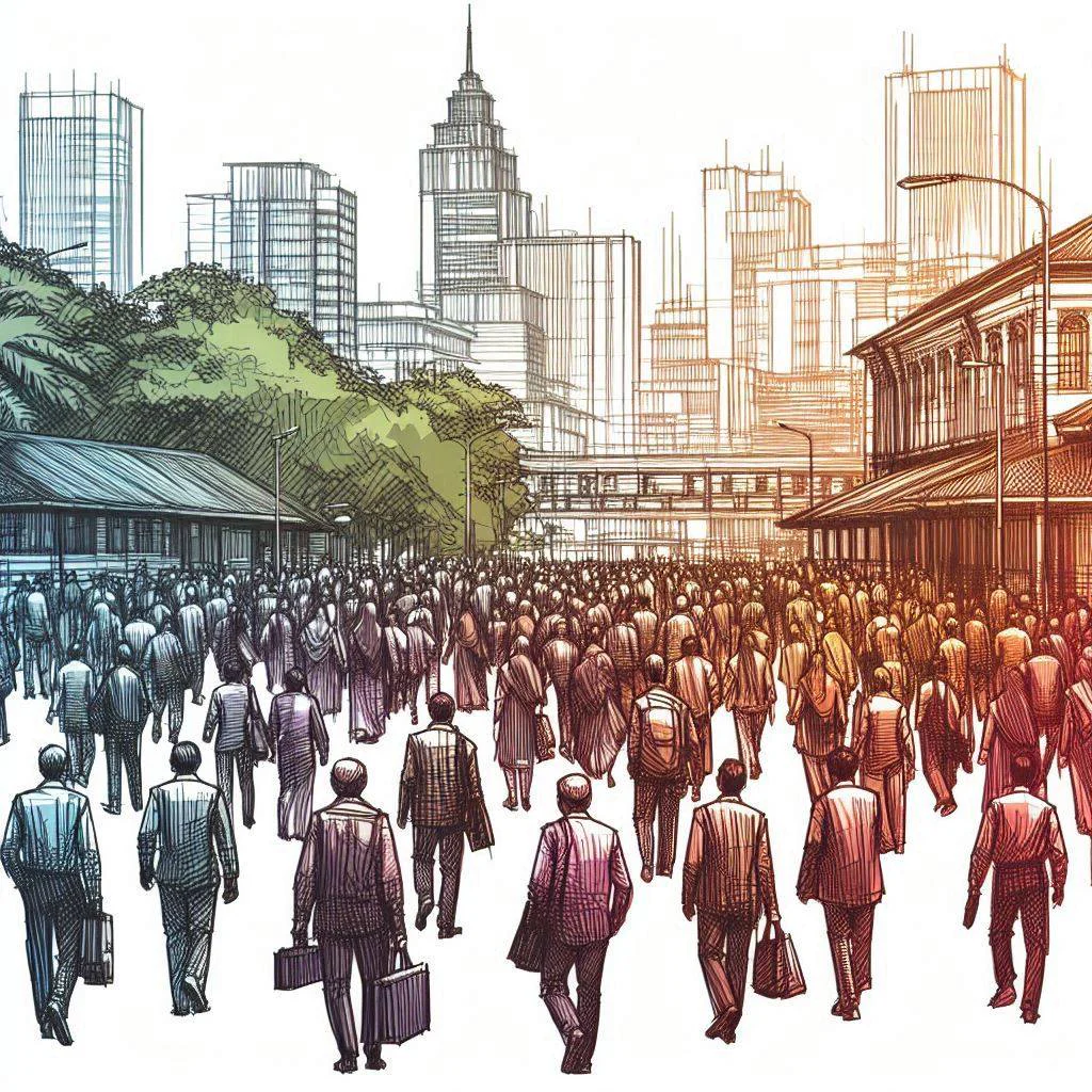 Group of people, herdlike, walking around, sketch, with colour 4